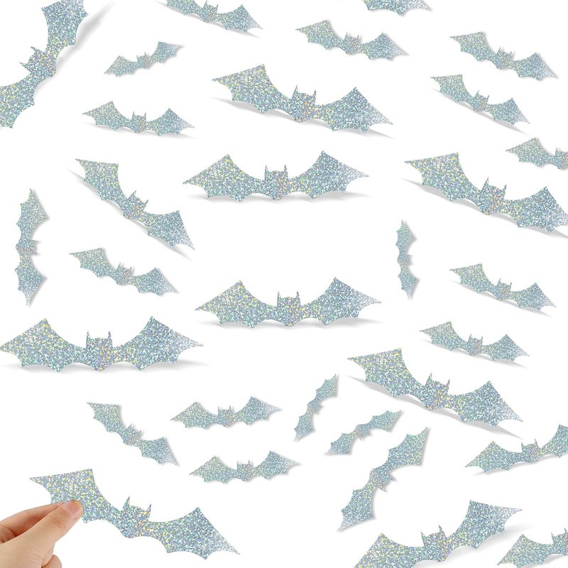 DELEMI 120 Pcs 3D Bat Wall Decor,Halloween Decoration Waterproof Spooky Stickers for Room Decals Party Supplies Home Decoration (Silver Bat) - Image 1